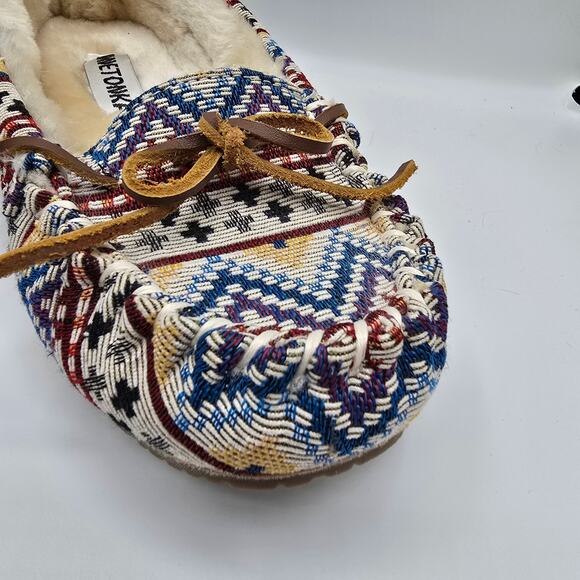 Minnetonka Native American canvas faux fur lining slipper shoes leather bows 9 - Picture 7 of 10